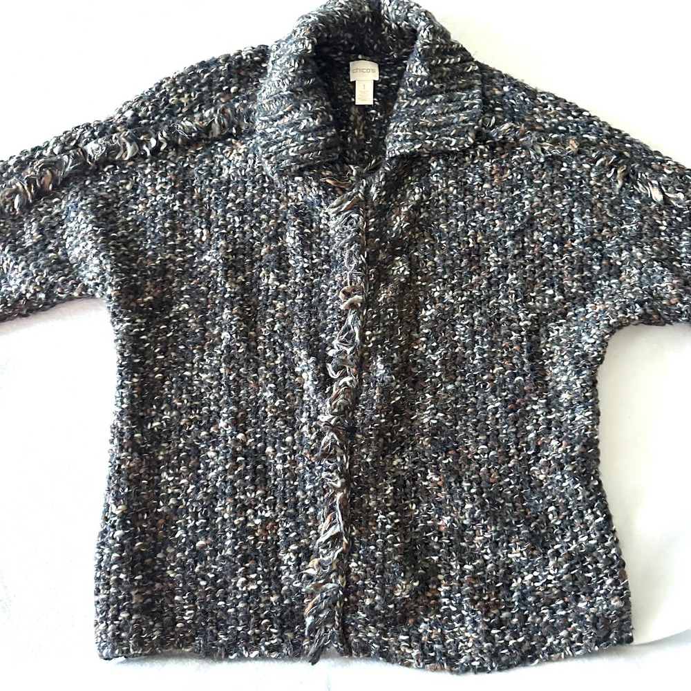 Chicos Womens 1 Medium Blue‎ Speckled Marled Open Chunky Knit Cardigan Fringed